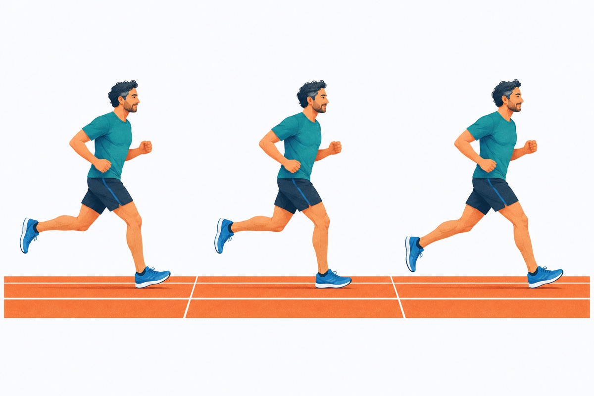 A runner holding the same steady stride across three equal stretches of track laid end to end.