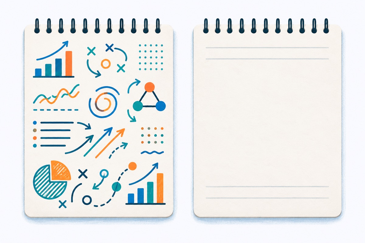 Two notepad pages side by side, one covered in neat handwritten work and the other almost empty.