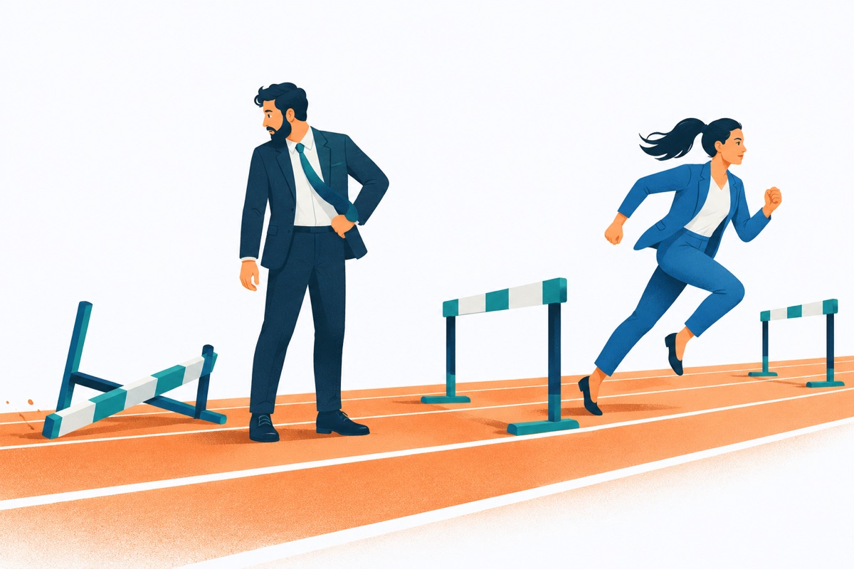 Two runners on a track after the first hurdle: one has clipped it and keeps sprinting ahead, the other stands frozen, turned around staring back at the knocked over hurdle.