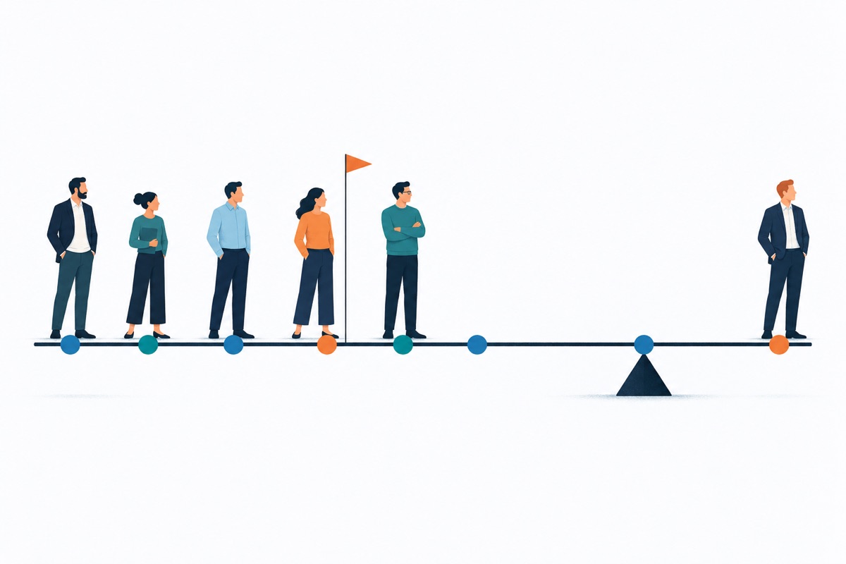 A row of dots on a straight line with one dot sitting far off to the right, a small triangle balance point shifted toward that lonely dot, and a flag marking the middle dot that stays where it is.