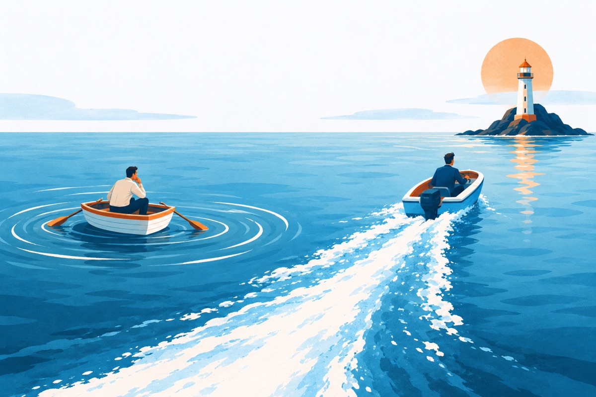 A small rowboat drifting in circles on open water beside a second boat cutting a straight wake toward a lighthouse.