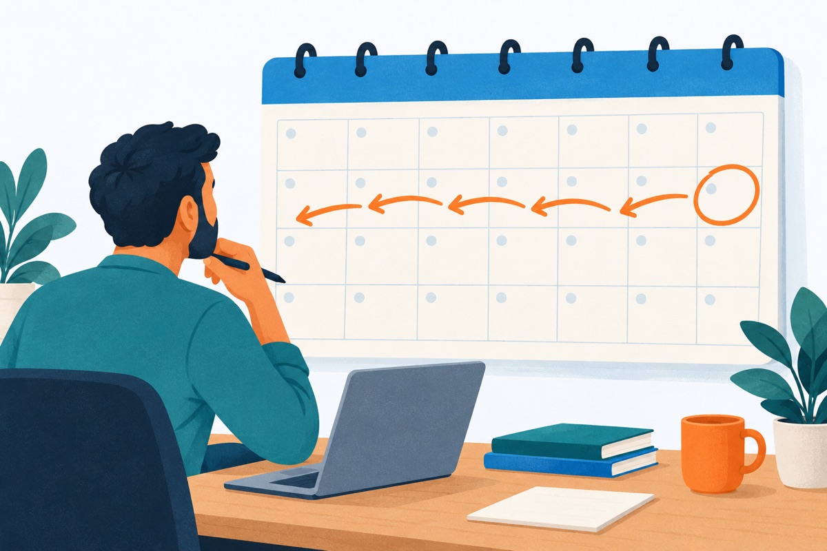 A wall calendar with one day circled at the far right and a chain of arrows running backward from it through each earlier week to the first day.