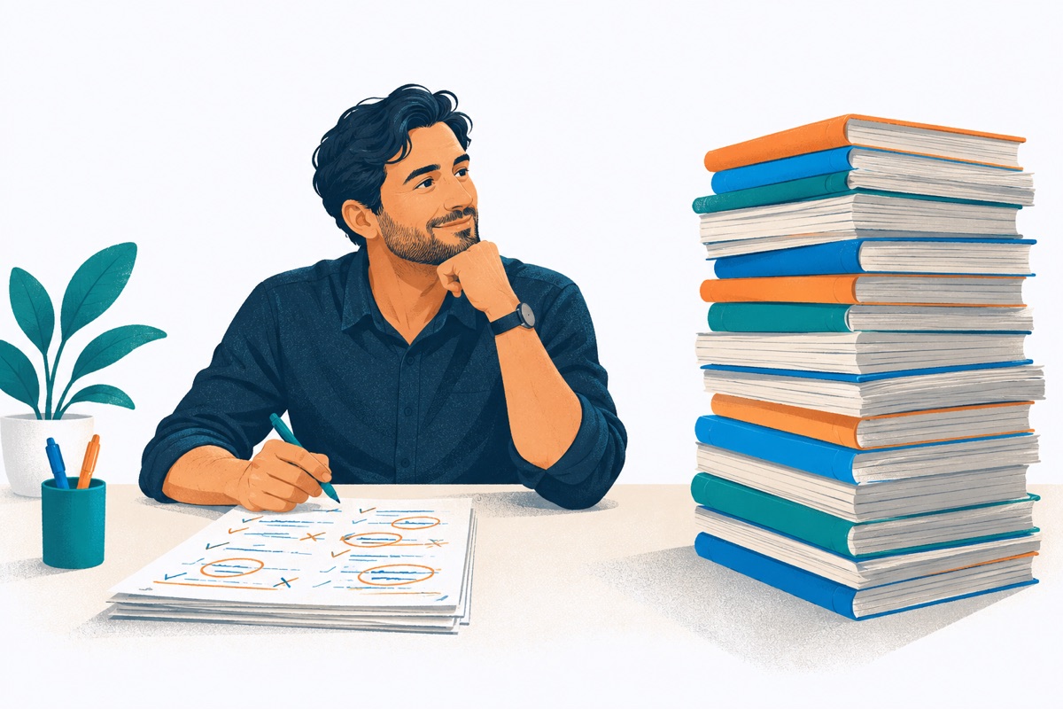A short stack of practice sheets covered in handwritten notes and circled corrections sits next to a tall, dusty pile of untouched new workbooks.