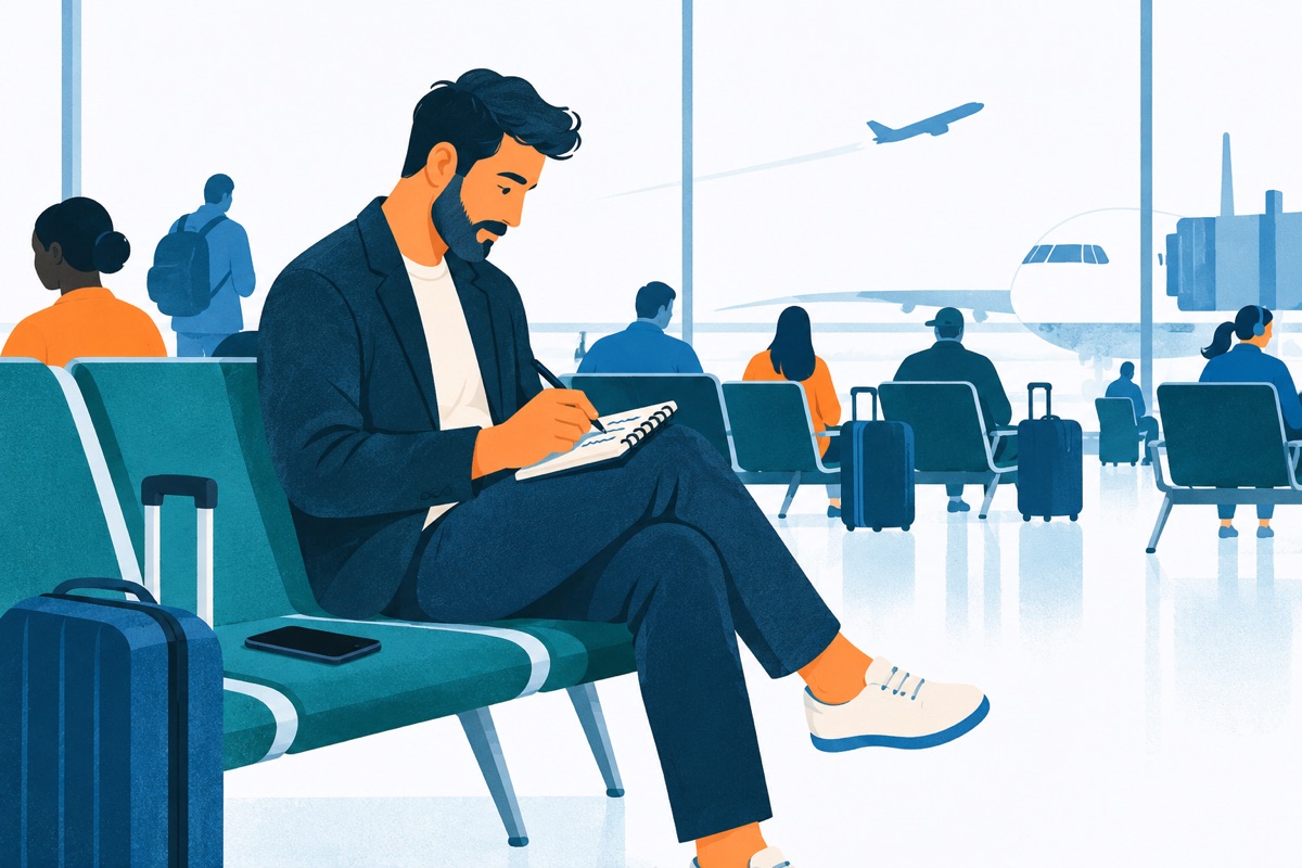 A traveler sits at a crowded airport gate, ignoring a phone, writing on a small paper notepad balanced on one knee.