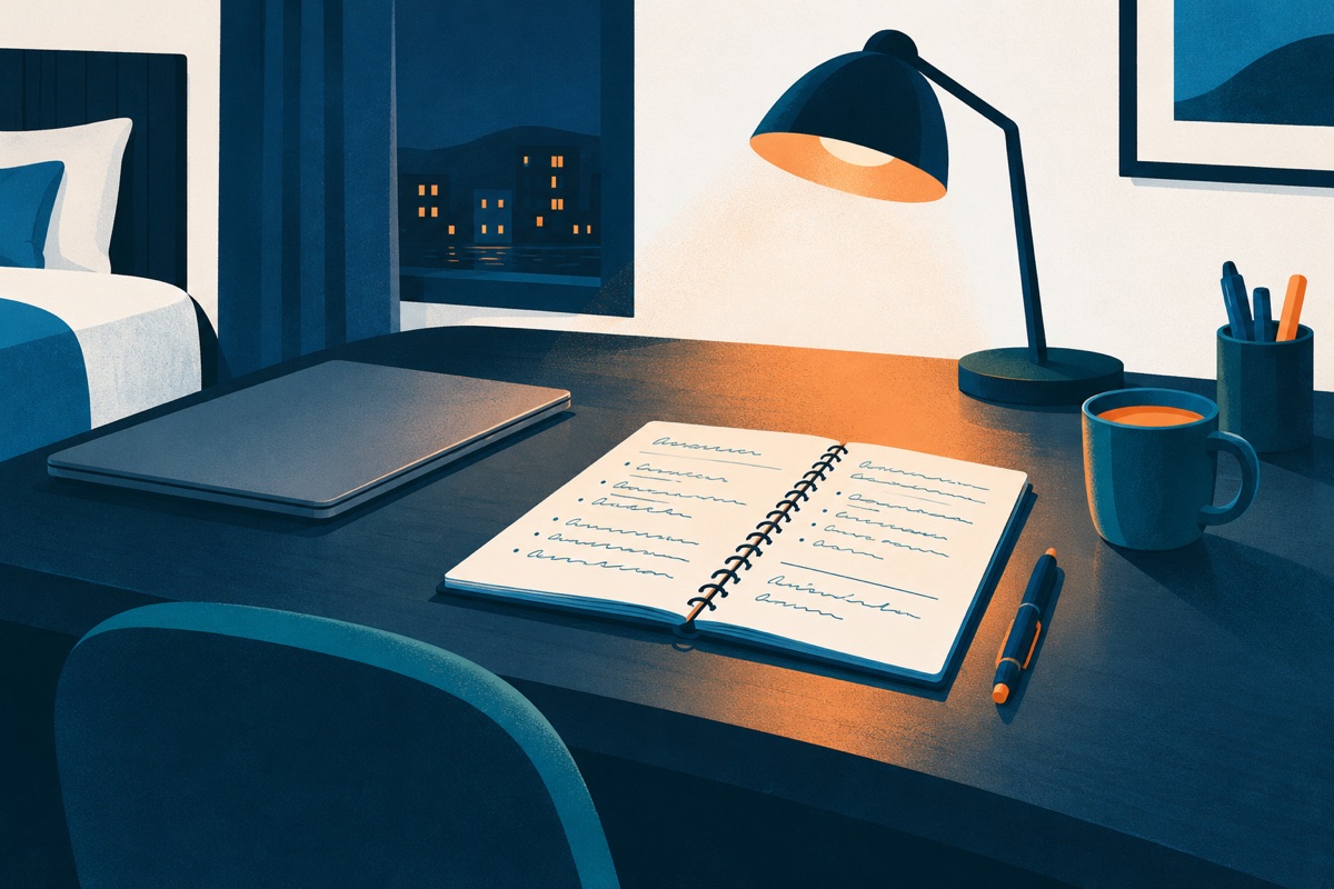 A quiet hotel desk at night with a closed laptop pushed aside and an open paper notepad covered in neat handwritten work under a lamp.