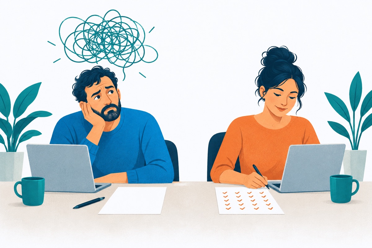 Two people sit at desks facing screens; one has a blank sheet of paper and a tangled knot of lines floating above their head, the other has a sheet covered in neat rows of small marks and a calm face.