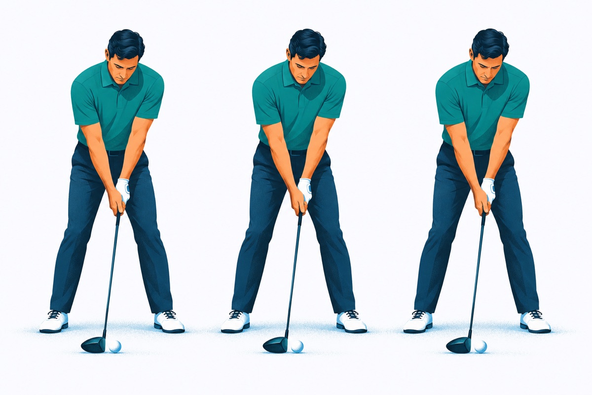 A golfer stands over a ball going through the same careful setup, shown three times side by side in exactly the same pose.