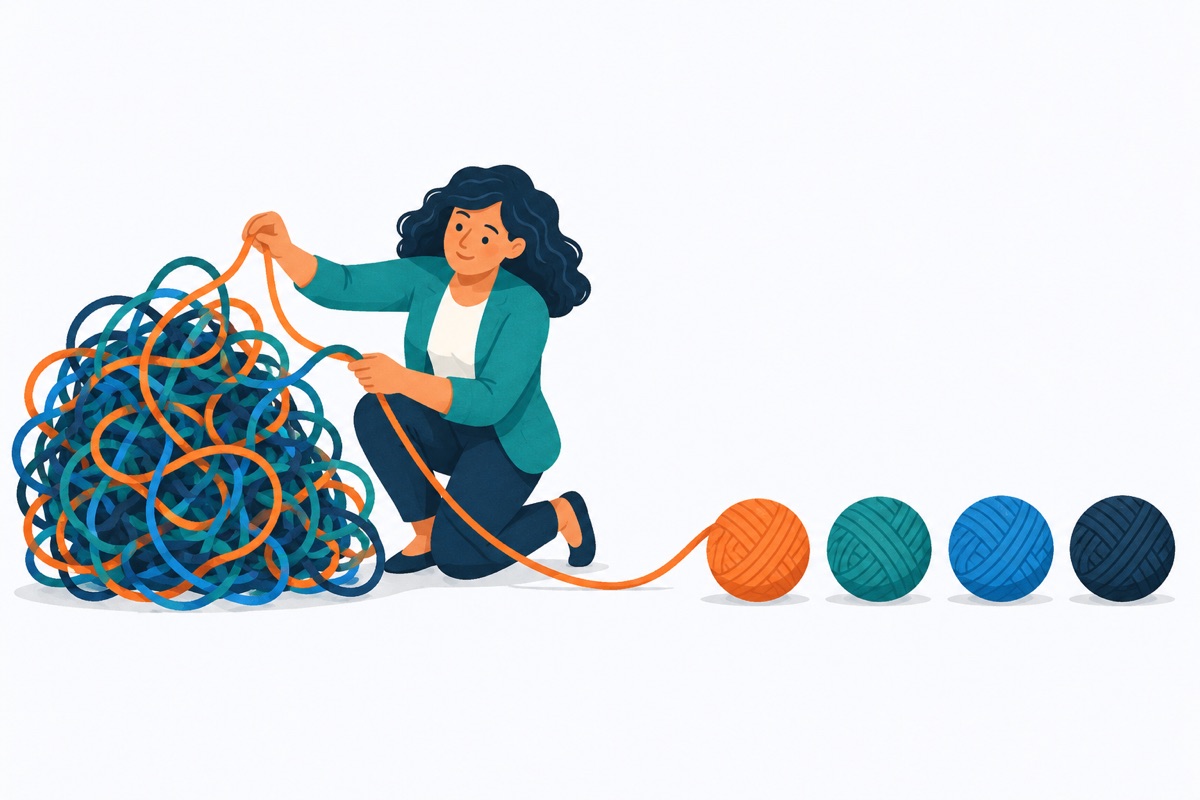 A messy tangle of yarn being pulled apart into a few neat, small, matching balls lined up in a row.