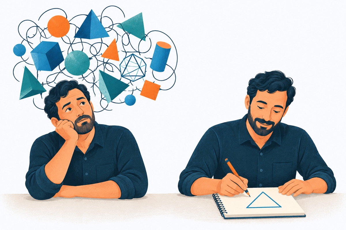 A person staring into space with a tangled cloud of shapes above their head, next to the same person calmly sketching one clean shape on a notepad.
