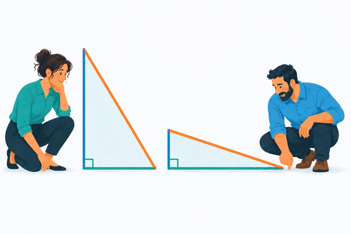 Two right triangles drawn side by side with the same long slanted side, one tall and balanced, the other long and very flat.