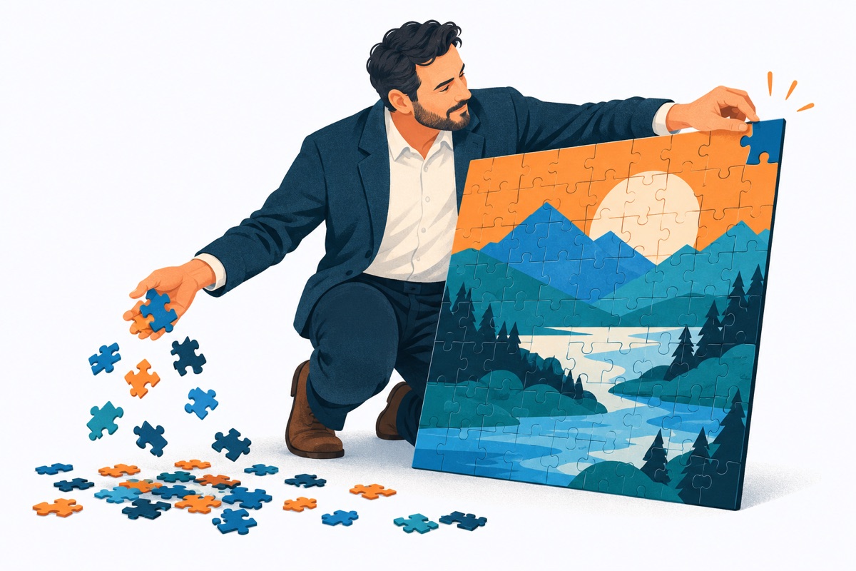 A person holding a nearly finished jigsaw puzzle drops a full handful of pieces on the floor while reaching to polish one corner piece that is already snapped in place.