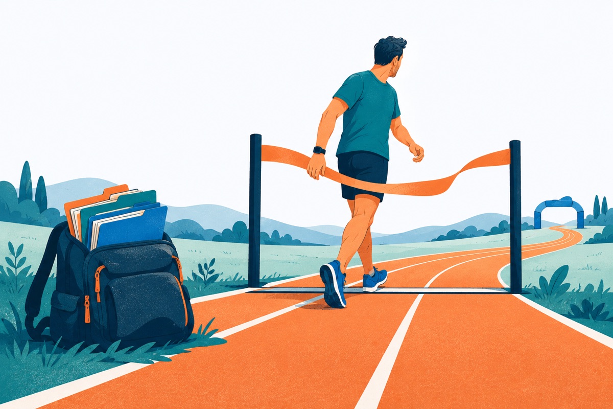 A runner who has just crossed a finish line turns back toward the starting line while a backpack full of unopened folders sits alone beside the track.