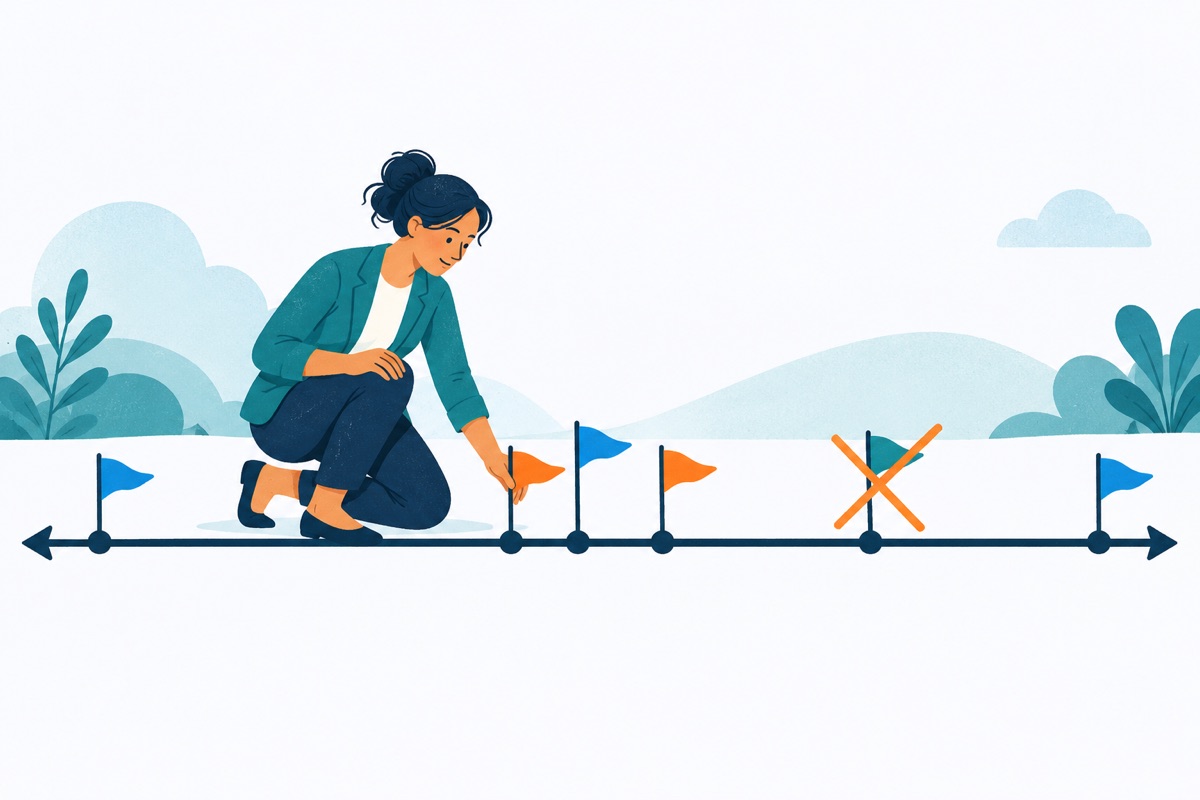 A number line with small flags planted at zero, at a point just left of zero, at a point just right of zero, and at two far ends, with a single lonely flag in the comfortable middle crossed out.