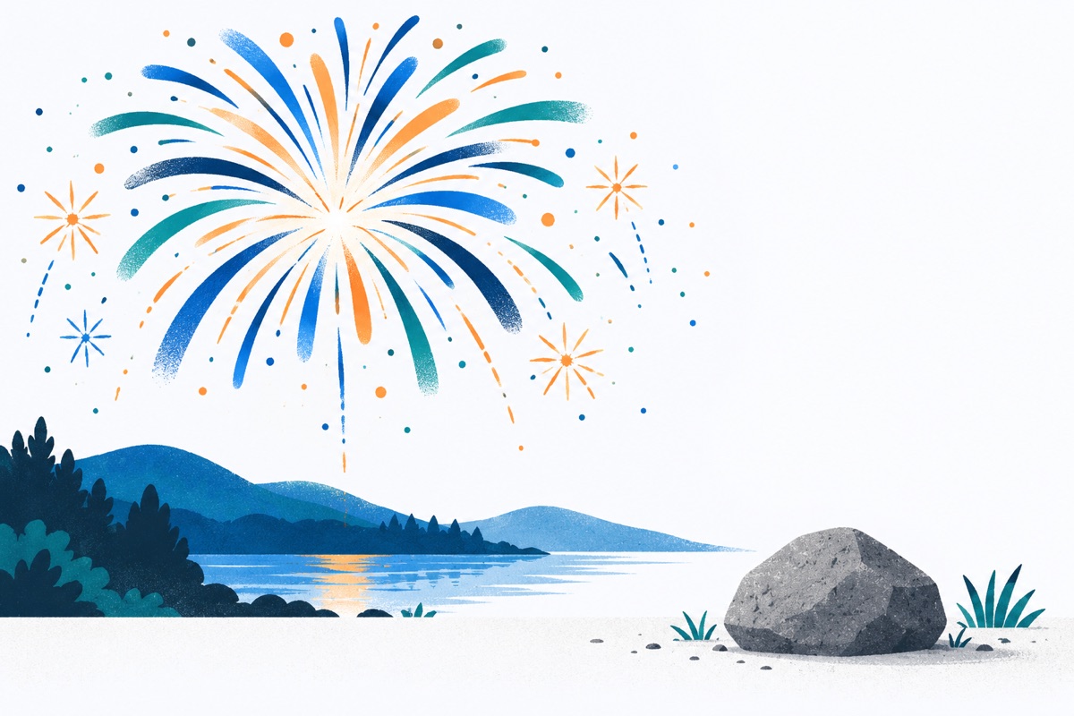 A bright, flashy firework bursting in the sky while a plain gray stone sits quietly on the ground below it.