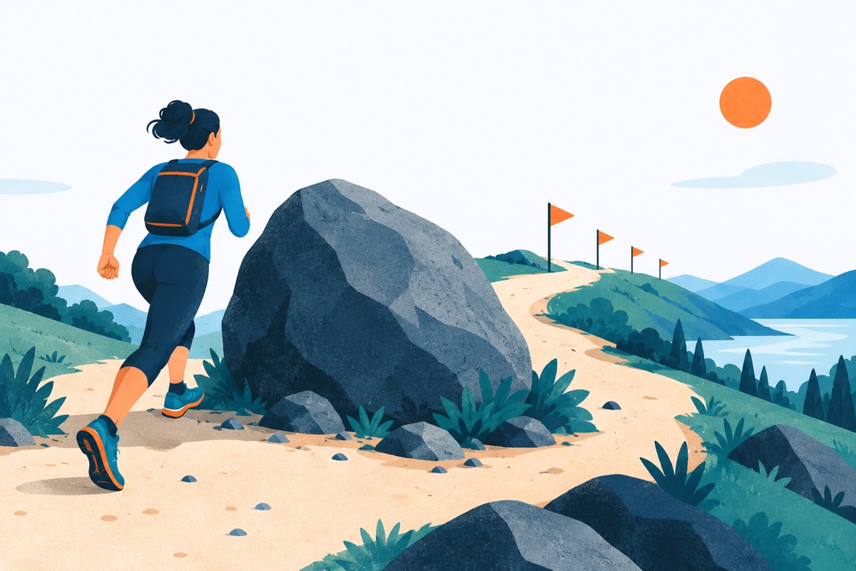 A runner on a trail steps around a huge boulder and keeps going toward a row of small flags further down the path.