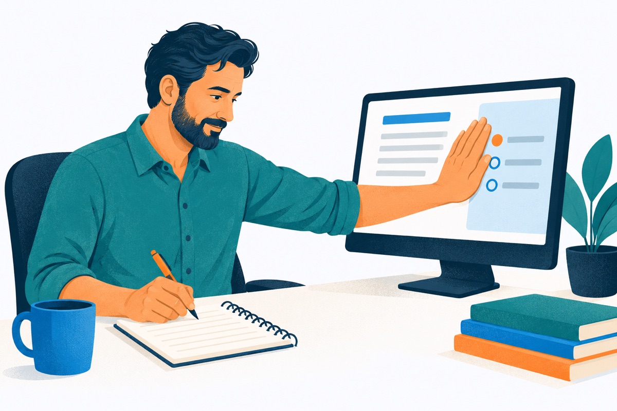 A person at a desk covers the answer choices on a screen with one hand while writing on a notepad with the other.