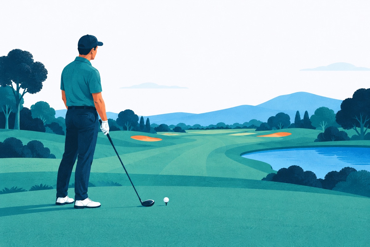 A golfer stands behind a ball, pausing to look down the fairway before taking a swing.