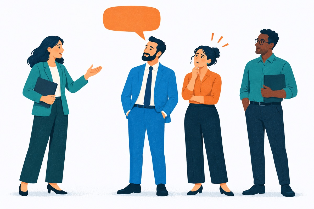 A speech bubble's pointer aims at the wrong person in a short line of people, while the correct person stands just beside them looking confused.