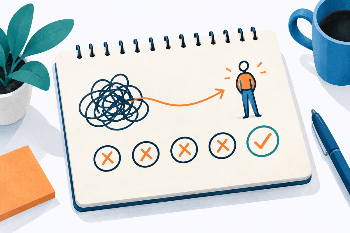 A notepad with a short arrow drawn from a scribble on the left to a small stick figure on the right, with four crossed out marks below it and one circled mark.