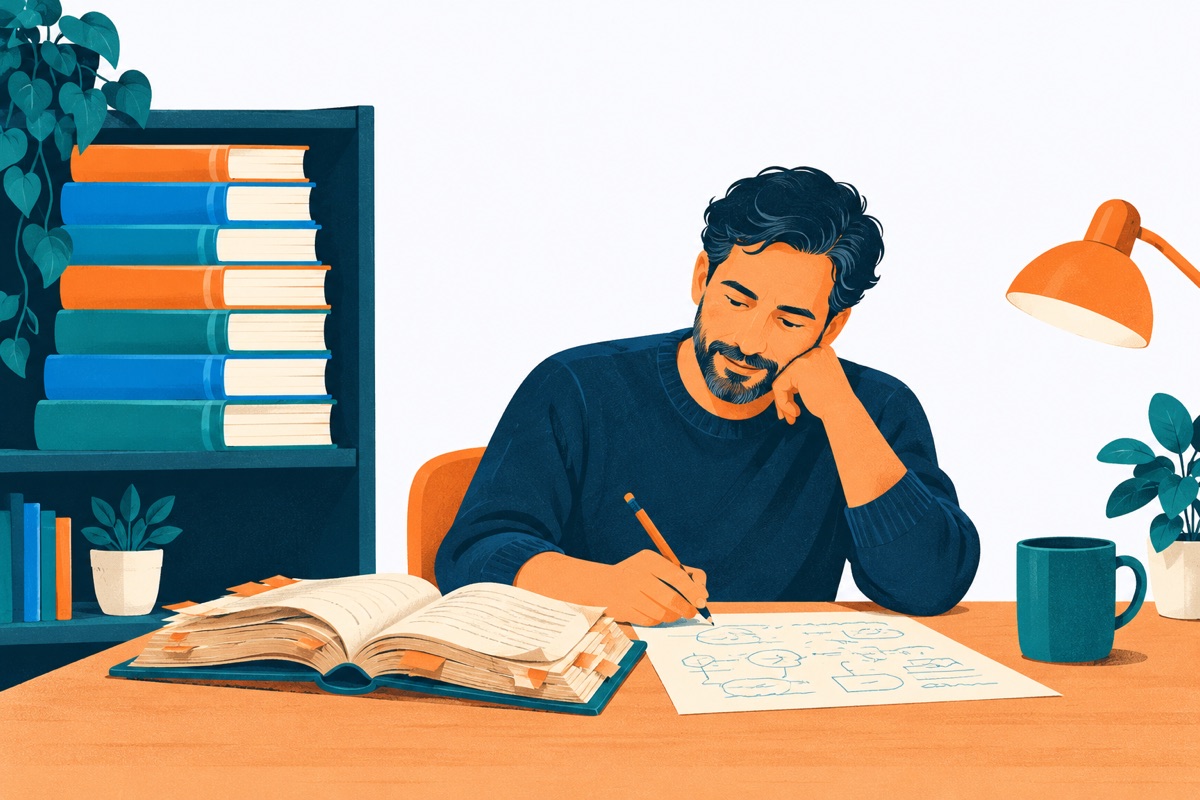 A tall stack of untouched, shiny books on a shelf next to one worn, dog-eared book lying open on a desk beside a pencil and a page full of handwritten scratch work.