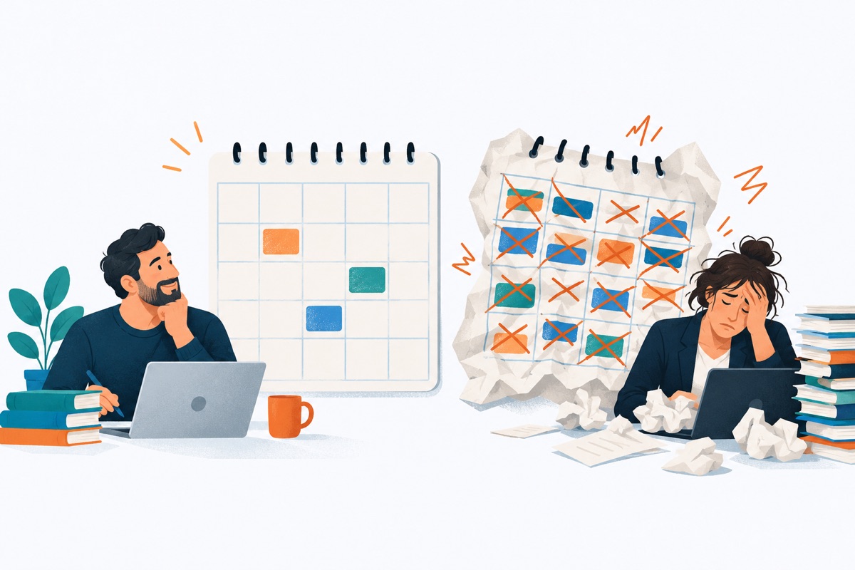 A small, neat weekly calendar with a few short study blocks filled in, sitting next to a crumpled, overflowing calendar where every block is crossed out.