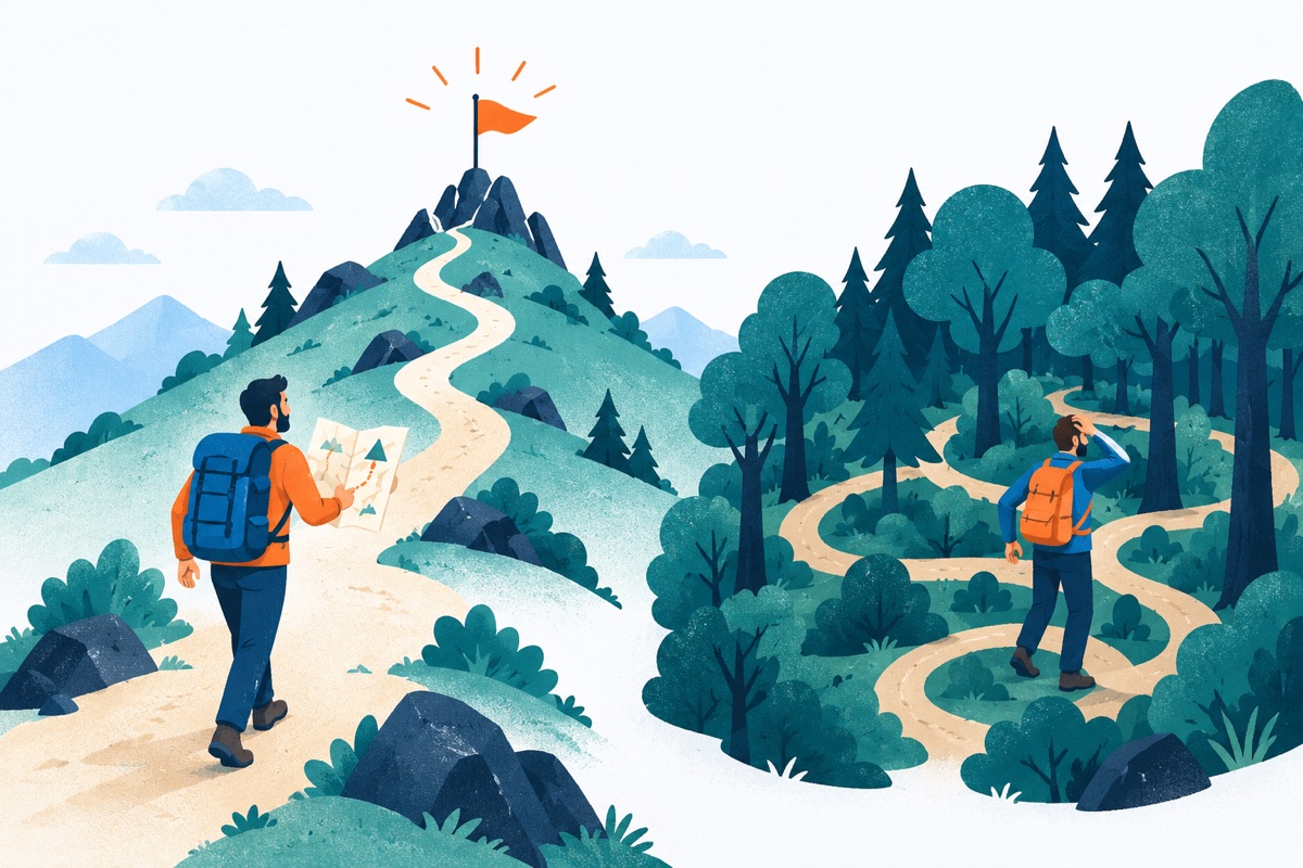One hiker holding a simple hand-drawn map walks straight toward a flag on a hilltop while another hiker wanders in circles through a thick forest.