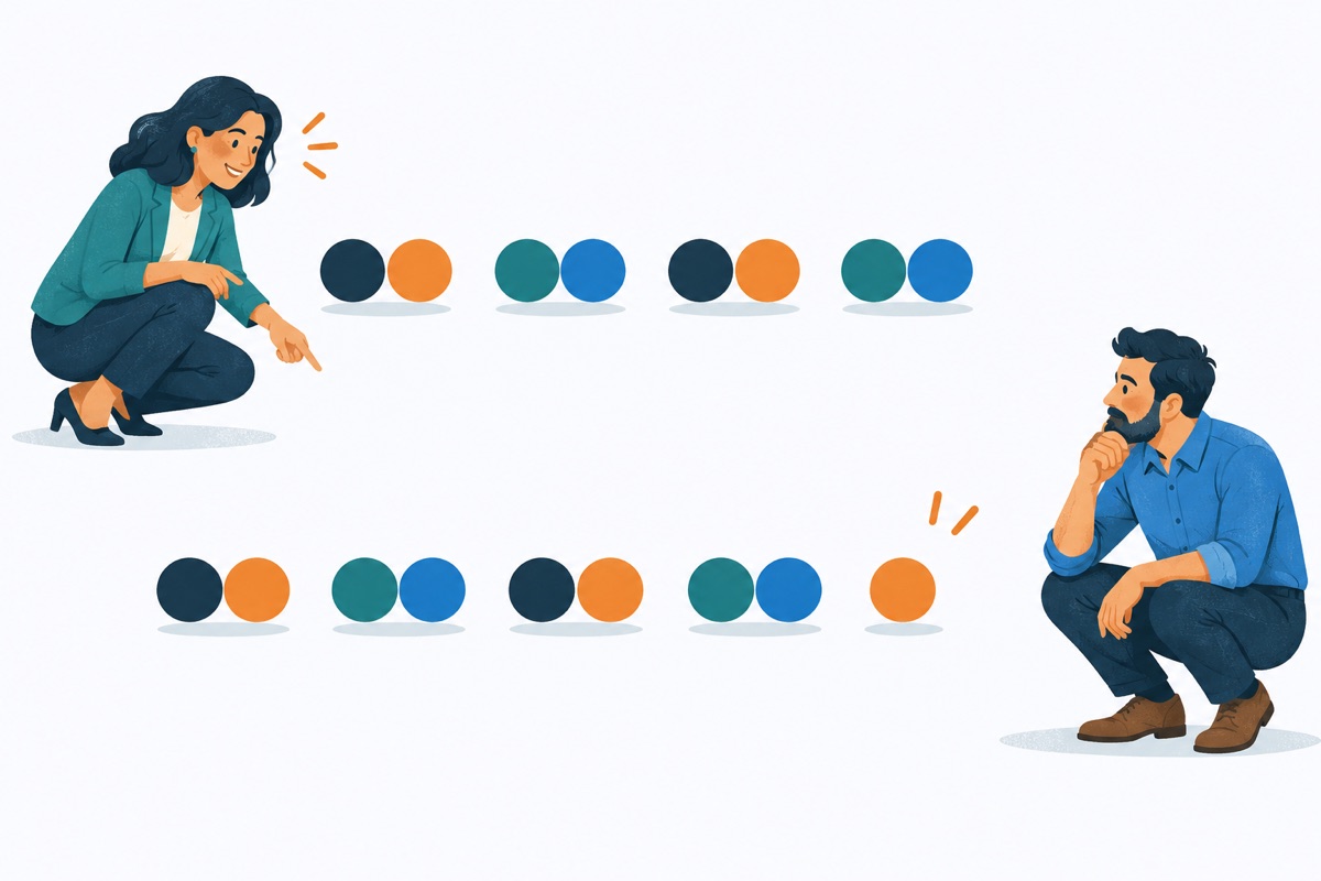 Two rows of dots grouped into pairs, the first row ending neatly with every dot paired and the second row ending with one lonely dot left over.