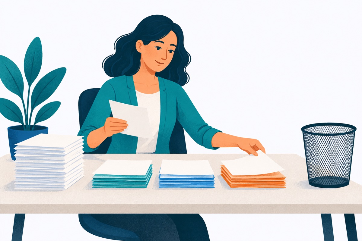 A person at a desk calmly sorting a stack of papers into three separate piles instead of throwing the whole stack in a trash can.