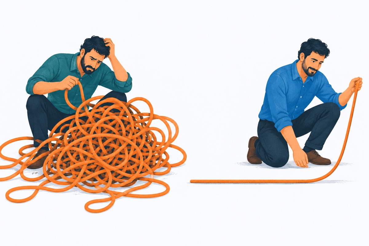 A tangled knot of string on the left side and a single straight, neat strand of the same string on the right side.
