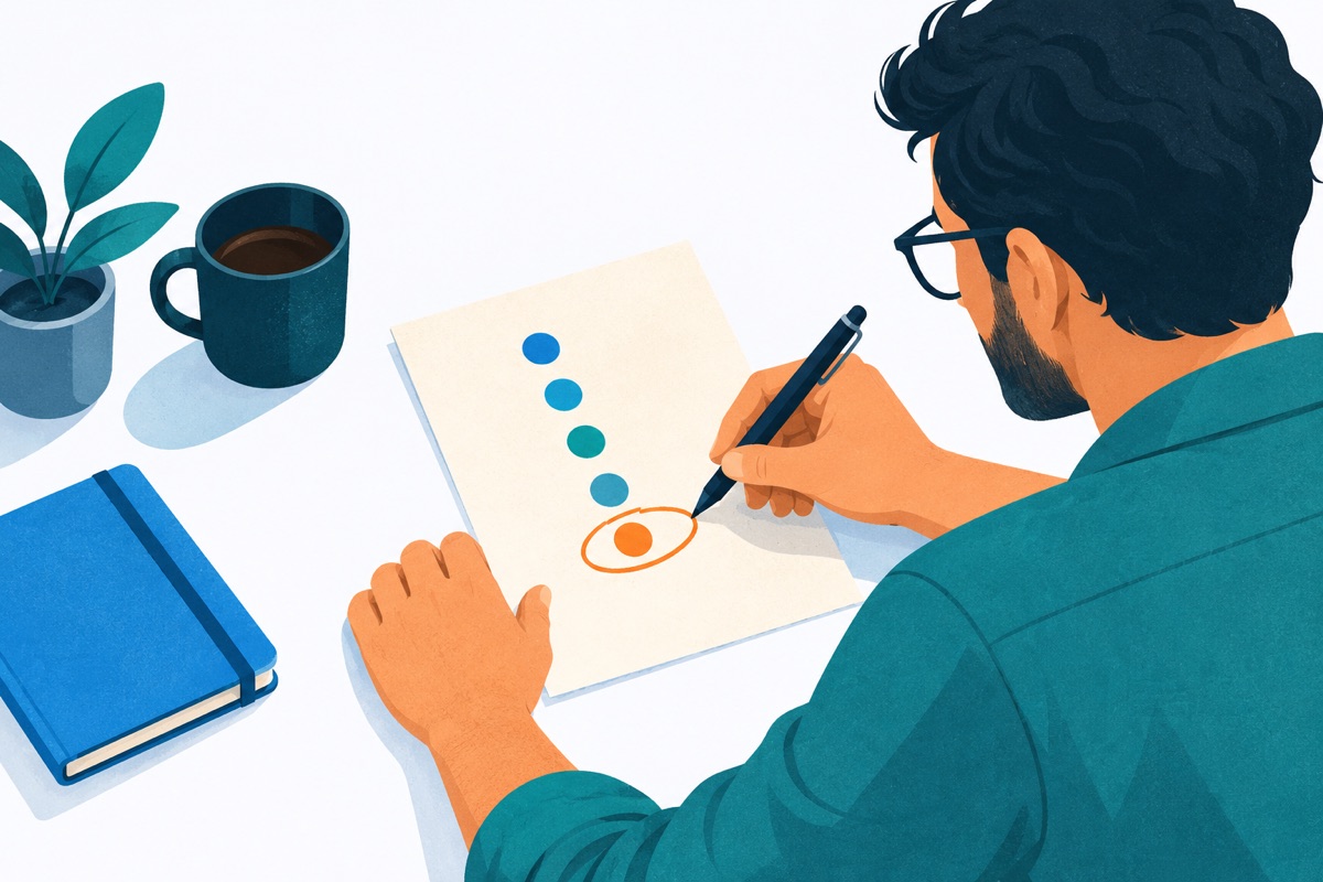 A hand holding a pen, writing a short neat column on a sheet of scratch paper and circling one item at the bottom.
