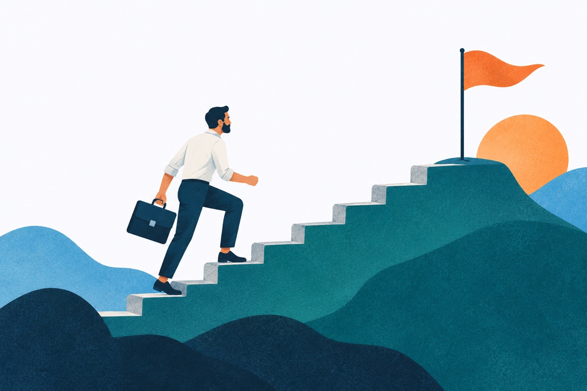 A person climbing a short staircase toward a flag at the top, with each step the same small size.