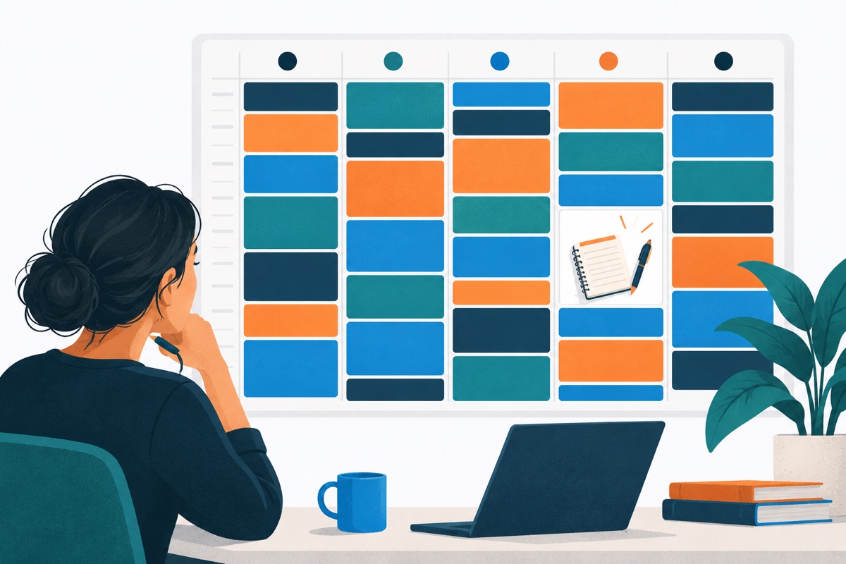 A weekly calendar packed solid with colored meeting blocks, with one small empty block carved out and a pen and notepad sitting inside it.