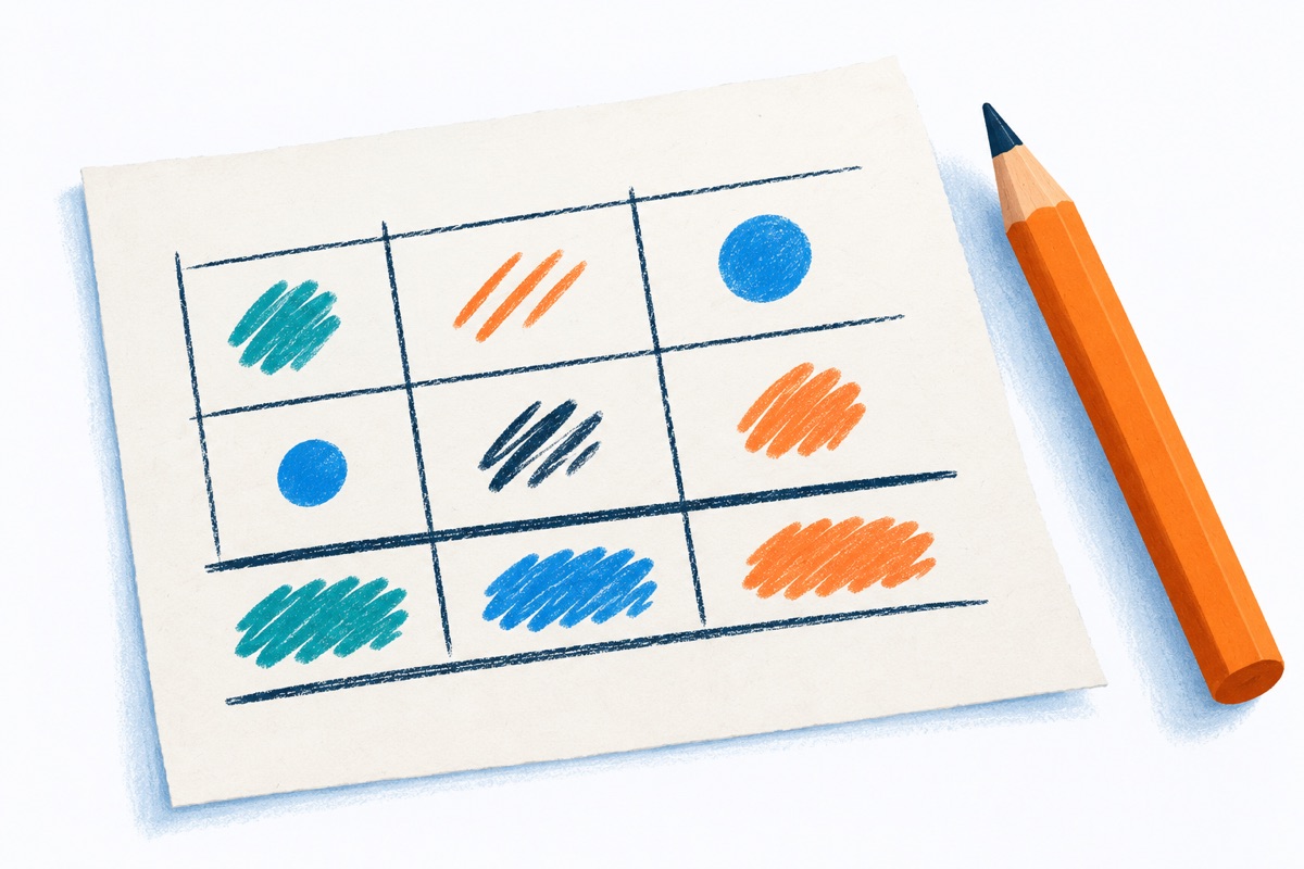 A hand-drawn grid with three columns on a sheet of scratch paper, two rows filled in by pencil and a total row underlined beneath them.