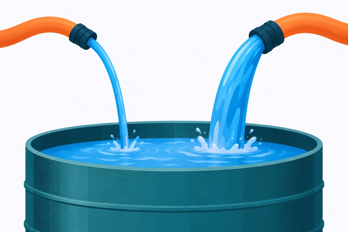 Two hoses pouring into one large tank, one hose with a thin stream of water and the other with a stream twice as thick.