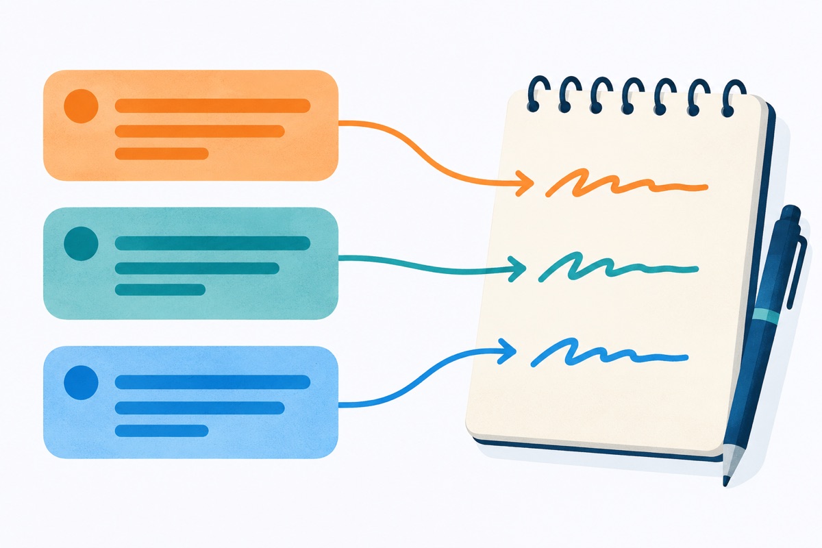 Three stacked blocks of text on the left side, each connected by a single arrow to a short scribbled line on a notepad on the right side.