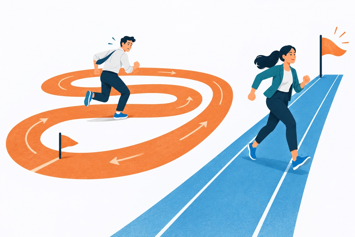 Two runners on parallel tracks: one keeps looping back to the starting line while the other runs a short straight path to a finish flag.