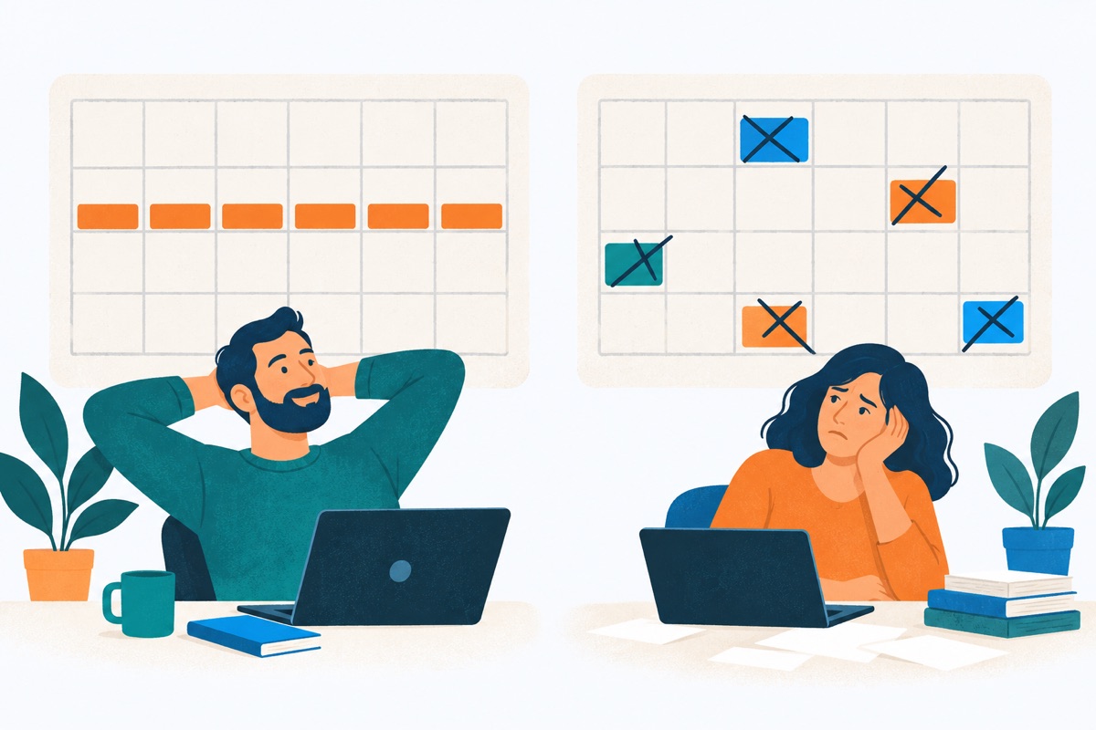 Two weekly calendars side by side: one with the same small block filled in at the same time on most days, the other almost empty with a few random blocks scattered and crossed out.