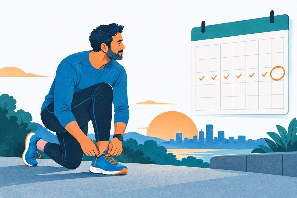 A runner tying their shoes at dawn beside a wall calendar with one circled day far off at the end of a row of small checkmarks.
