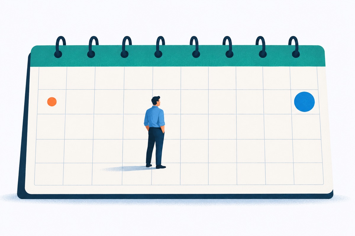 A wall calendar with a small circle on an early day and a large circle on a later day, with a wide stretch of blank days between them and a person standing calmly in that open stretch.