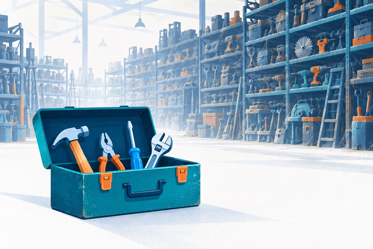 A small open toolbox holding a few clean, well used tools sits in front of a huge dusty warehouse packed with tools nobody touches.