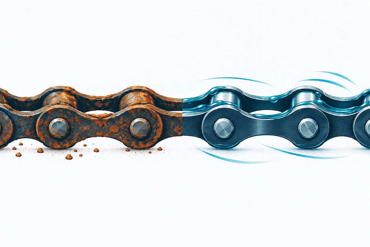 A rusty bicycle chain on the left and the same chain shining and moving smoothly on the right after being cleaned and oiled.