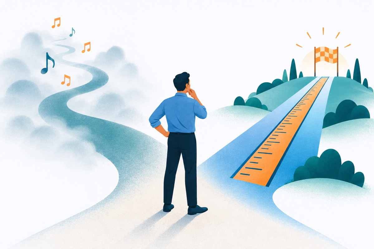 A person stands at a fork in a path; one path has soft musical notes floating above it and fades into fog, the other has a straight ruler laid along it and leads to a clear finish flag.