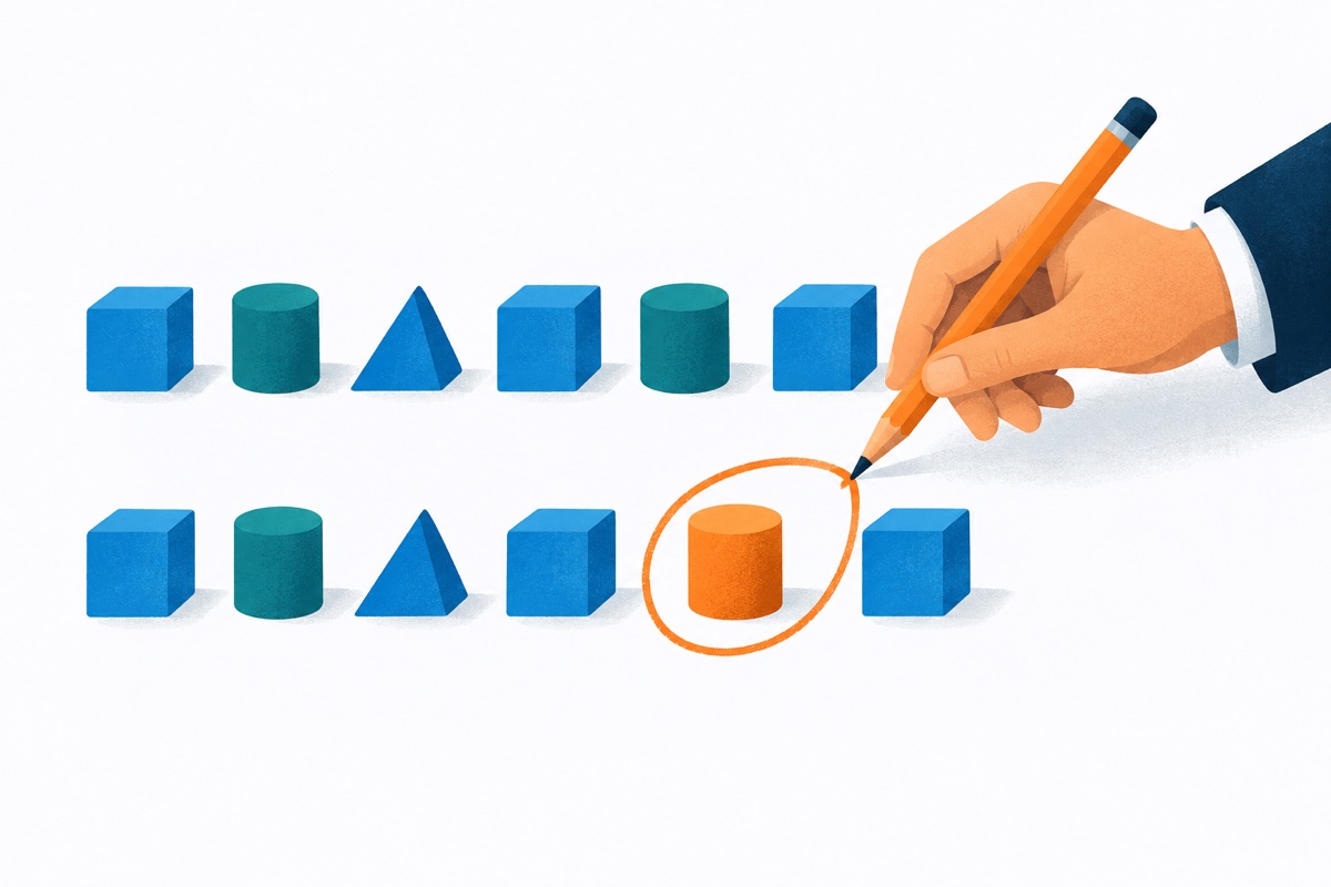 A hand holding a pencil circles one small spot where two nearly identical rows of blocks differ by a single block.