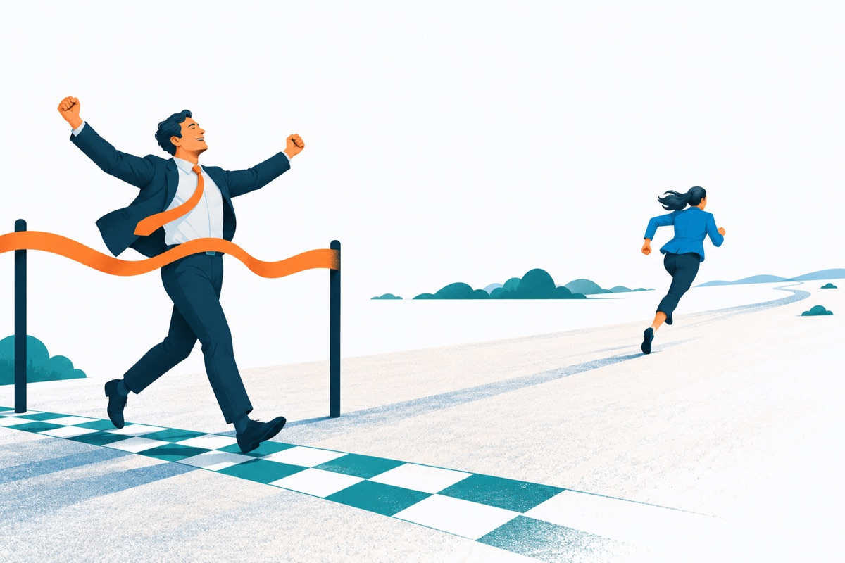 One runner breaks the finish tape and stops, while a second runner keeps sprinting far past the line into an empty field.