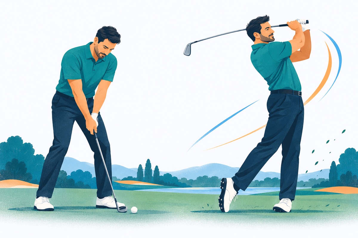 A golfer slowly and carefully practicing a swing on the left, and the same golfer making a smooth full-speed swing on the right.