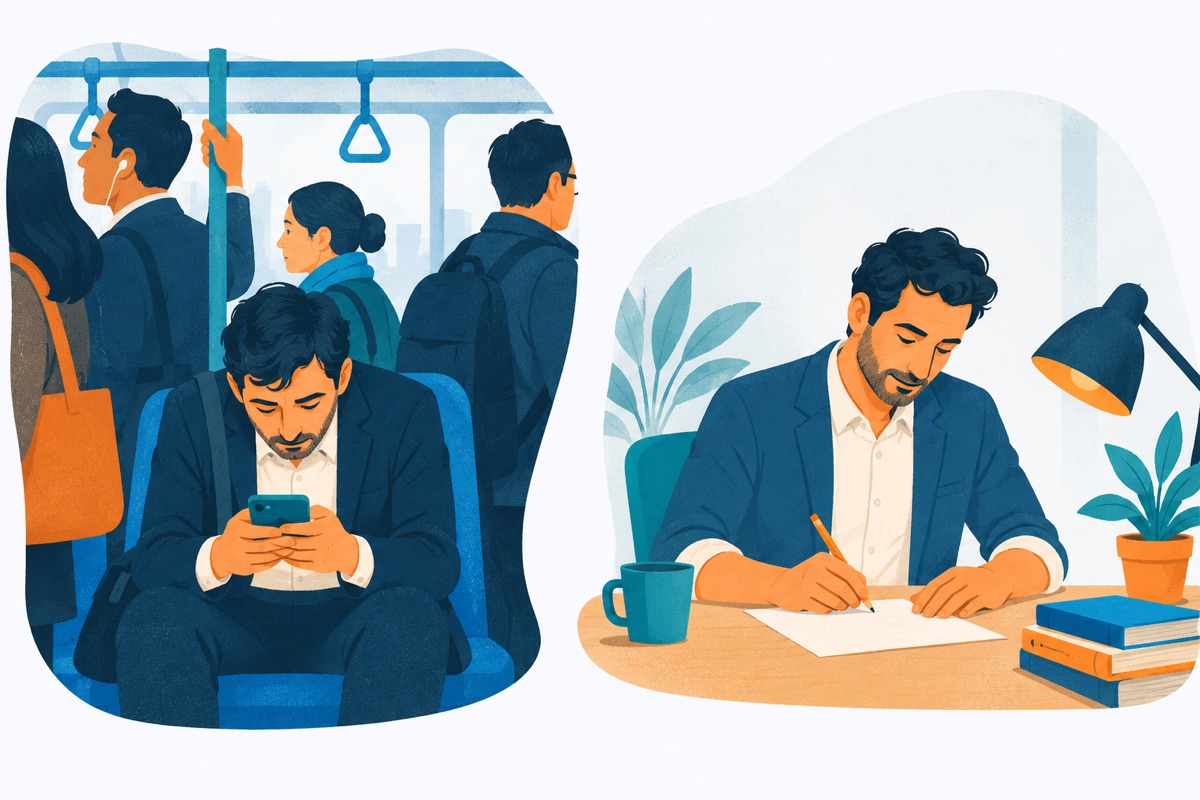 A person hunched over a phone on a crowded train, beside the same person sitting upright at a quiet desk writing with a pencil on a sheet of paper.