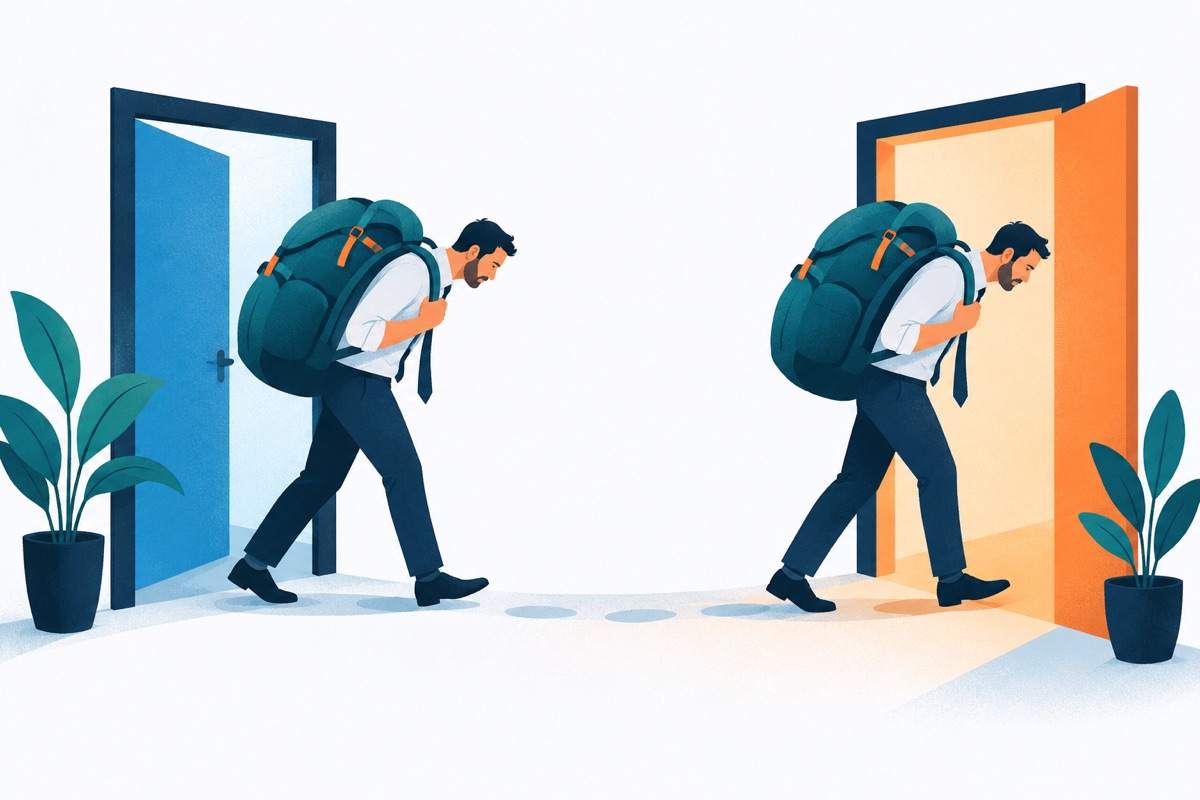 A person walks out of one doorway and into a second doorway, hunched under the same heavy backpack the whole way.