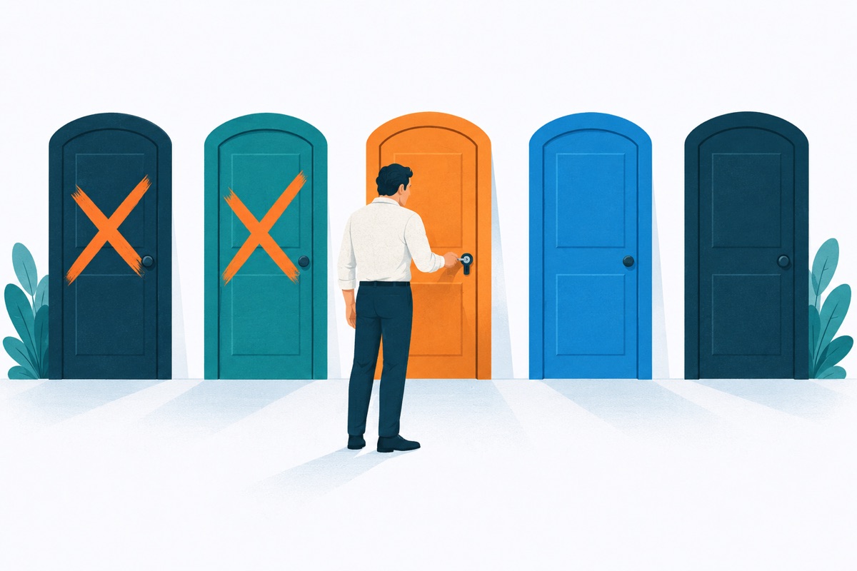 A row of five closed doors with a hand turning a key in the middle door, while the two doors on its left are crossed out.