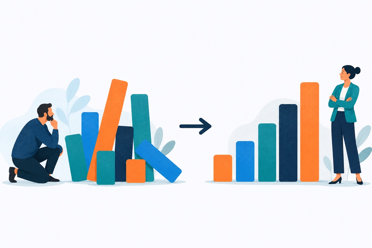 A jumbled stack of colored bars of random heights on the left, and the same bars lined up from shortest to tallest on the right, with an arrow between them.