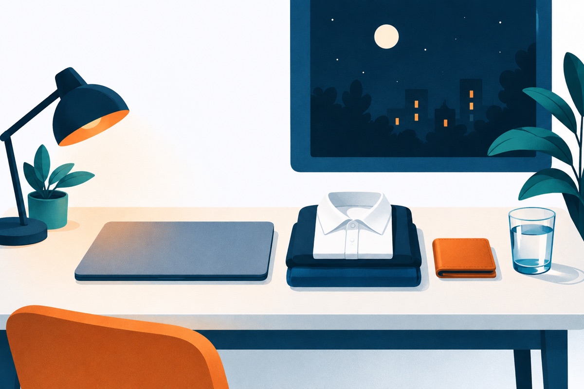 A quiet desk at night with a closed laptop, a neatly folded outfit, a wallet and a glass of water laid out side by side, ready for the morning.